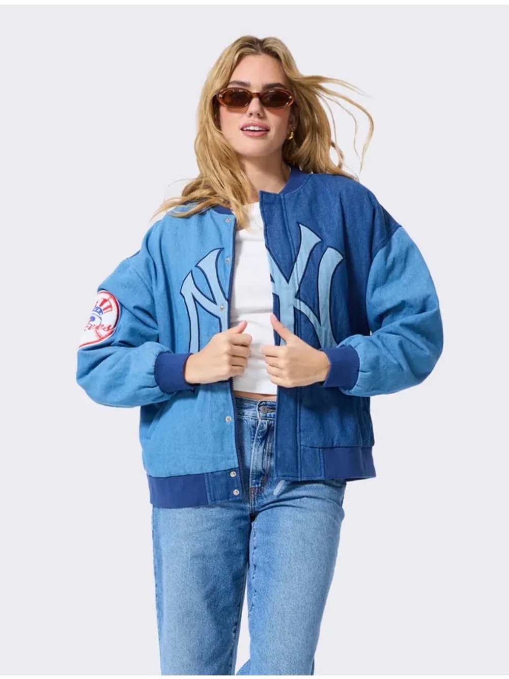 Women's New York Yankees Terez Blue Denim Blocked Bomber Jacket
